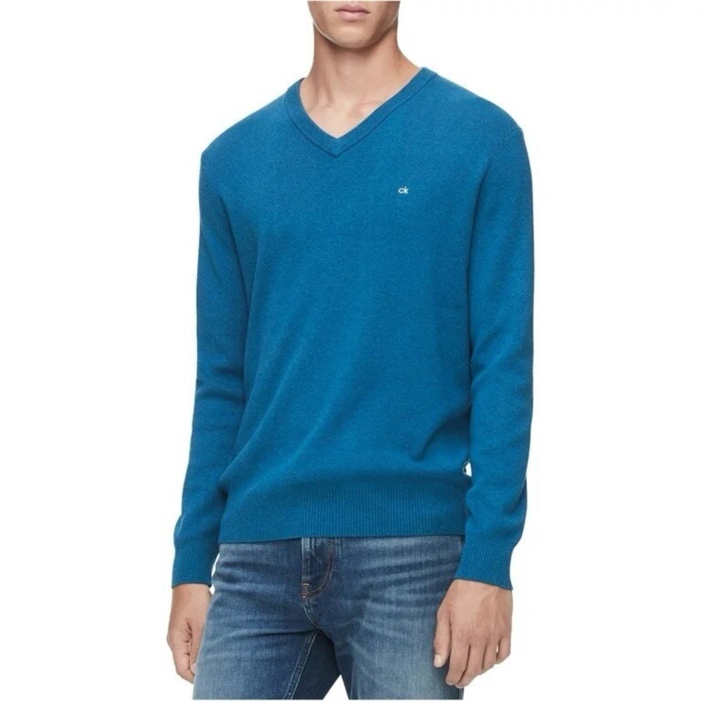 Calvin Klein Teal Blue Ribbed Trim V-Neck Sweater Mens Size XL Classic Pullover